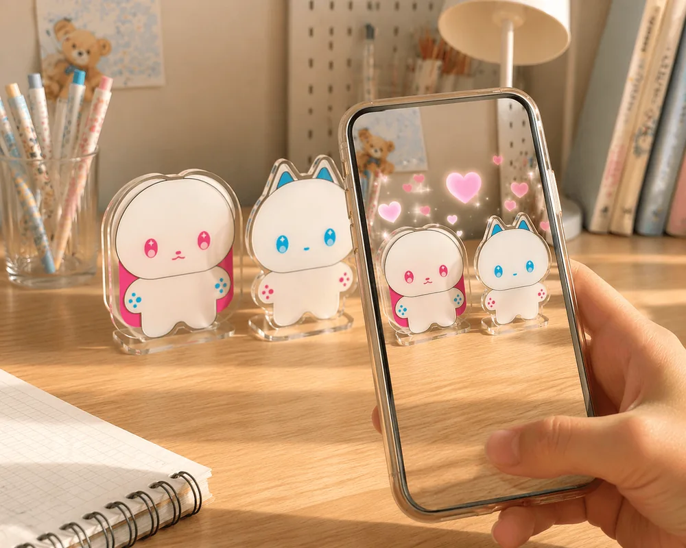 A phone held up to acrylic stands, with AR effects appearing on screen
